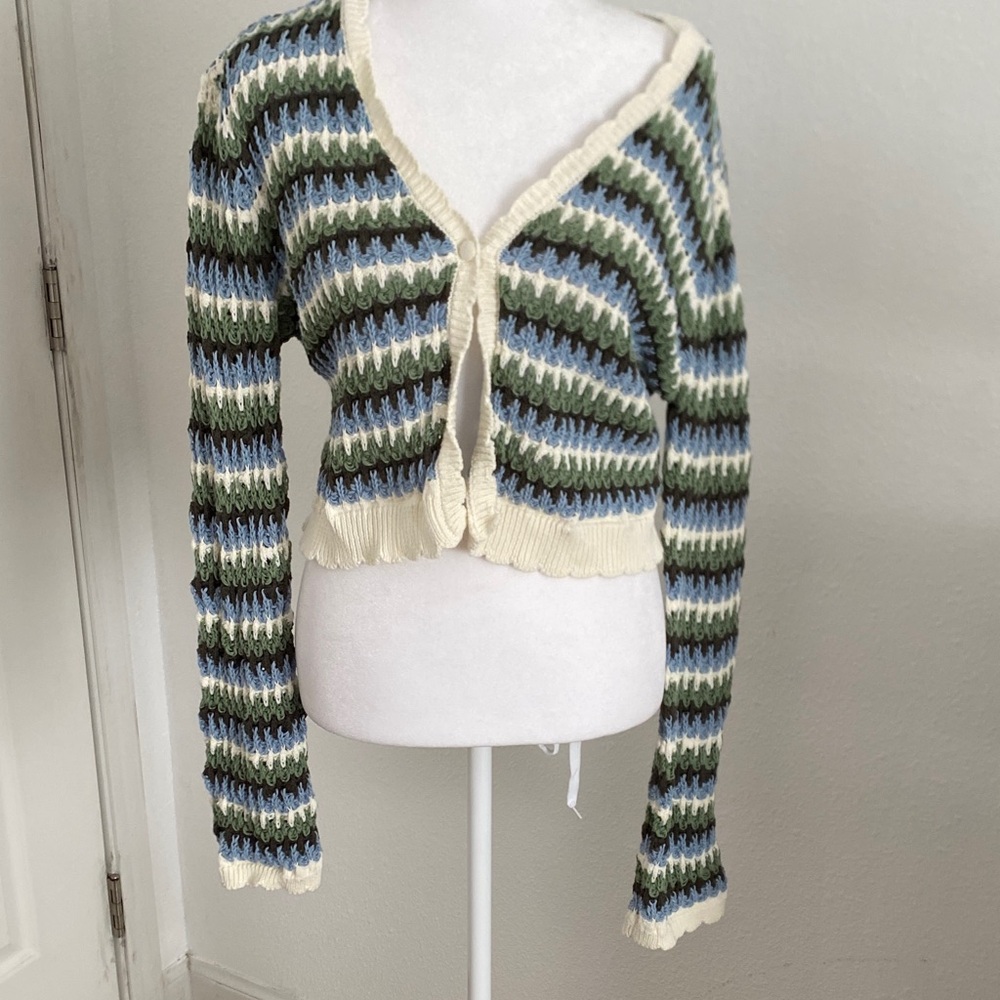 RSQ Cropped Crochet Cardigan in Cream, Green & Blue Stripes